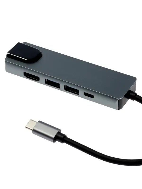 Type-C-разветвитель (HUB), HDMI/USB3.0/USB3.0/RJ45/PD, 60 ВТ, 3 А, кабель 13.5 см, серый