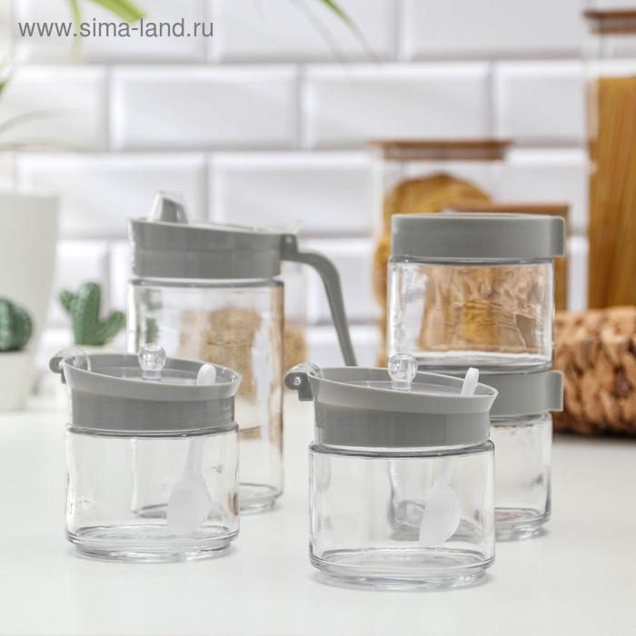 Набор стеклянных ёмкостей для сыпучих продктов с кувшином для масла &laquo;Модерн&raquo;, 5 шт, цвет серый