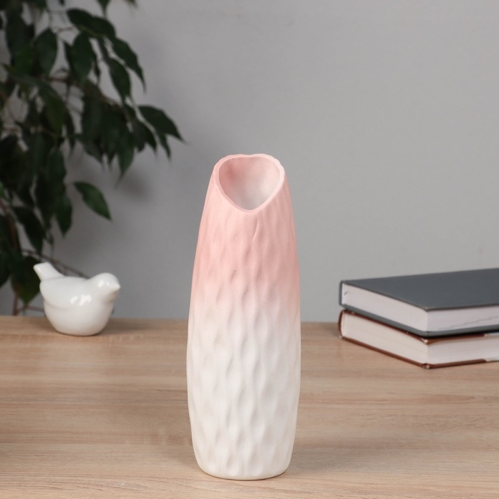 Ваза керамика настольная Ваза керамика настольная "Теган" бочка скос, 20,5х6,5 см, бело-розовый