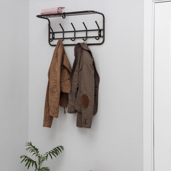 Вешалка настенная с полкой на 5 крючков, 60×22×26,5 см, цвет медный антик Вешалка настенная с полкой на 5 крючков, 60×22×26,5 см, цвет медный антик