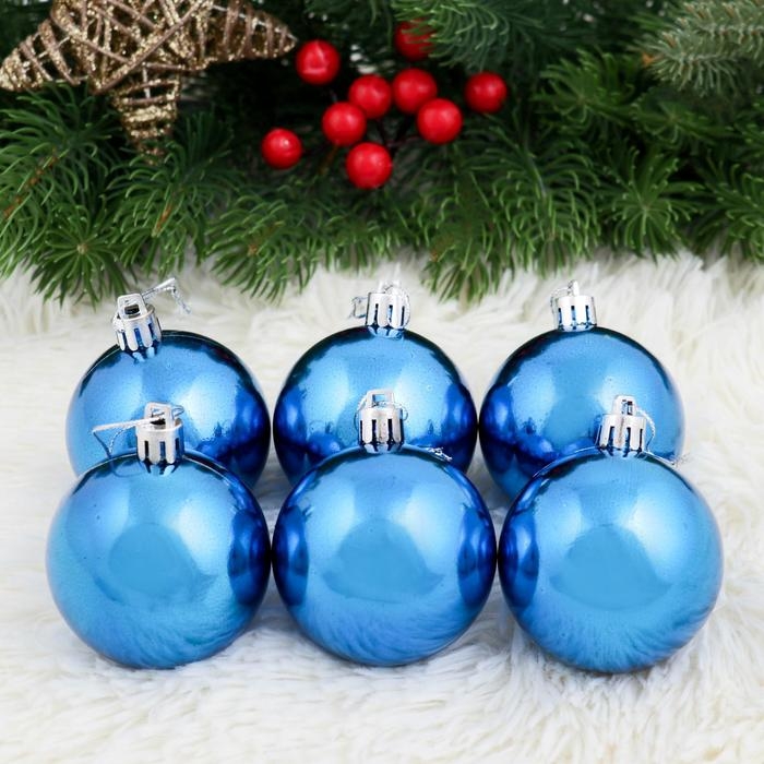 Набор шаров пластик d-6 см, 6 шт Набор шаров пластик d-6 см, 6 шт "Винтажный глянец" синий