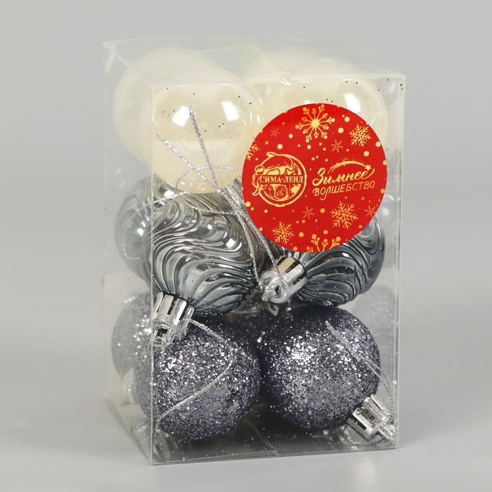 Набор шаров пластик d-4 см, 12 шт Набор шаров пластик d-4 см, 12 шт "Мелодия" волны блеск, белый серый
