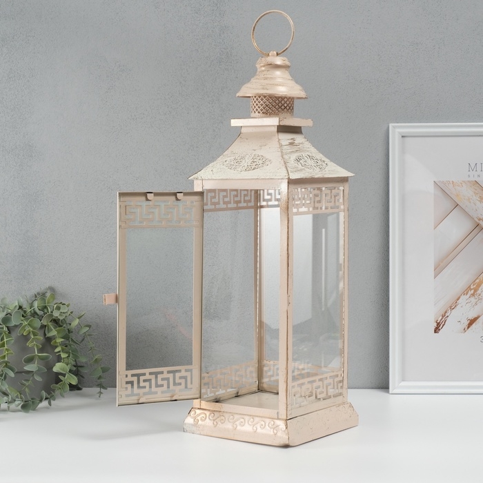 Подсвечник металл, стекло на 1 свечу фонарик Подсвечник металл, стекло на 1 свечу фонарик "Ажурный ромб" белый с патиной 52,5х17,5х17,5см 54492