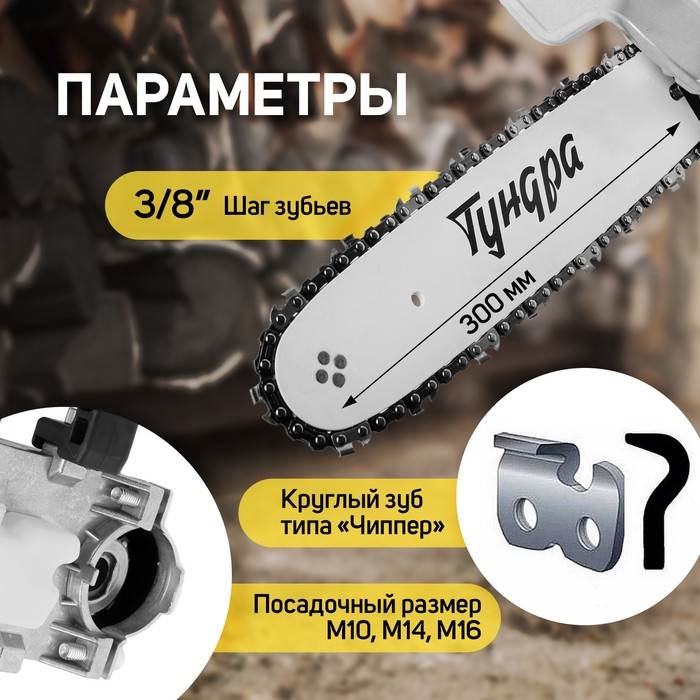 Насадка для УШМ ТУНДРА, цепная пила, 300 мм 12 Насадка для УШМ ТУНДРА, цепная пила, 300 мм 12", 45 звеньев, 1.3 мм, шаг 3/8", M10, М14