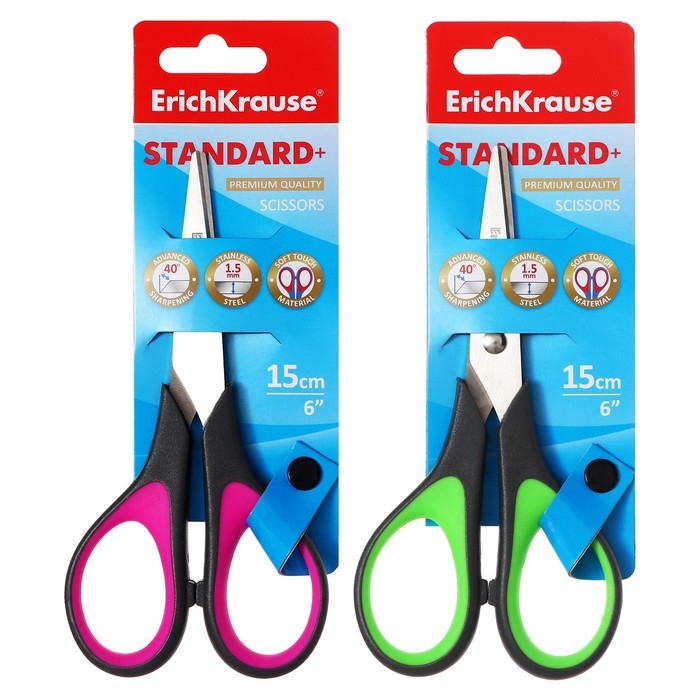 Ножницы ErichKrause Standard+, 15 см, антискользящие резиновые вставки, улучшенная заточка, блистер, МИКС Ножницы ErichKrause Standard+, 15 см, антискользящие резиновые вставки, улучшенная заточка, блистер, МИКС