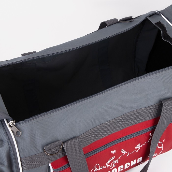 Сумка дорожная на молнии, с увеличением, 3 наружных кармана, длинный ремень, цвет серый/красный Сумка дорожная на молнии, с увеличением, 3 наружных кармана, длинный ремень, цвет серый/красный