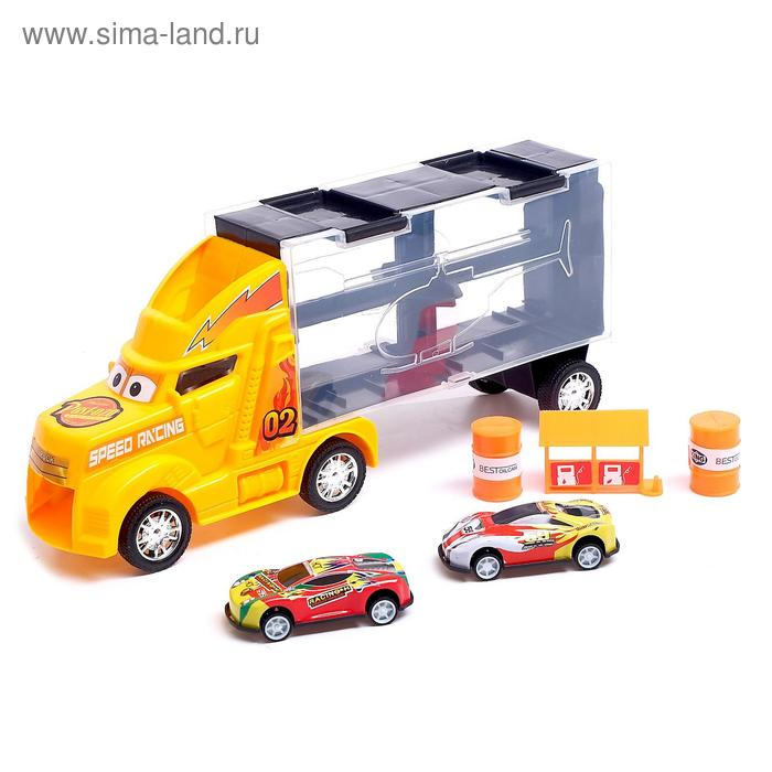 Гараж детский «Грузовик «Перевозчик», 2 металлические машинки и дорожные знаки, МИКС Гараж детский «Грузовик «Перевозчик», 2 металлические машинки и дорожные знаки, МИКС