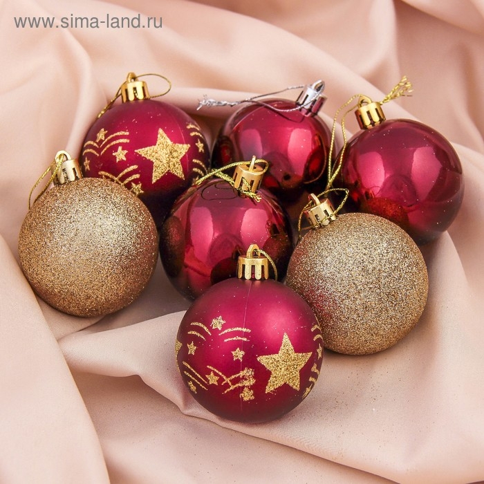 Набор шаров пластик d-6 см, 7 шт Набор шаров пластик d-6 см, 7 шт "Звёздная мелодия" золотисто-бордовый