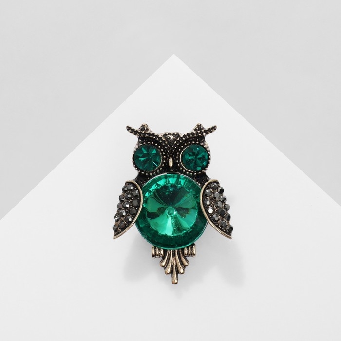Брошь «Сова круглая», цвет зелёный в чернёном золоте