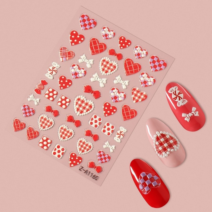 Наклейки для ногтей «Сердца», объемные, матовые, цвет красный/белый/розовый Наклейки для ногтей «Сердца», объемные, матовые, цвет красный/белый/розовый