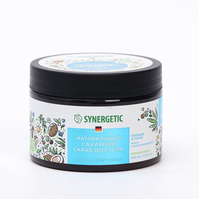 Скраб для тела SYNERGETIC питание и тонус, сахарный, натуральный, с ароматом кокоса и маслом макадамии, 300 мл