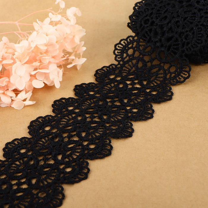 Кружево гипюровое, 65 мм × 6,8 ± 0,5 м, цвет чёрный Кружево гипюровое, 65 мм × 6,8 ± 0,5 м, цвет чёрный