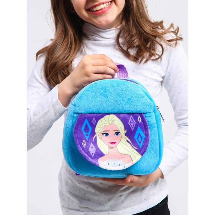 Рюкзак детский для девочки плюшевый, на молнии, с карманом, 19 х 22 см "Эльза", Холодное сердце