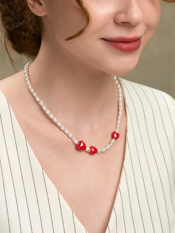 Бусы &laquo;Жемчуг и Сердца&raquo;, L=40 см, керамика, красные, белые