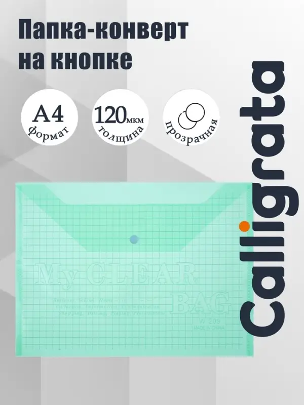 Папка-конверт на кнопке, А4, 120 мкм, Calligrata &laquo;Клетка&raquo;, прозрачный, зелёный