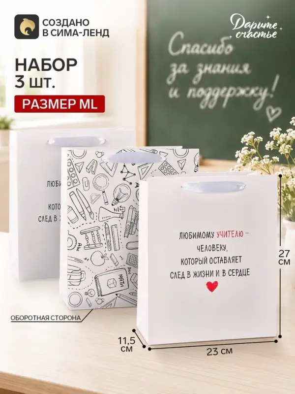 Пакеты подарочные &laquo;Любимому учителю&raquo;, набор 3 шт., ML 23&times;27&times;11.5 см
