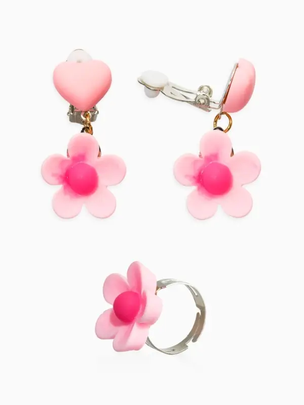 Набор детских украшений &laquo;Выбражулька. Цветок&raquo;, 4 предмета: клипсы, кольцо, бусы, браслет, розовый, белый