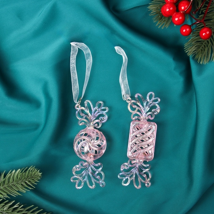 Набор ёлочных игрушек 2 шт. «Зимнее волшебство. Ажурные конфеты» пластик, 9,5х3,5 см, сиреневый перелив Набор ёлочных игрушек 2 шт. «Зимнее волшебство. Ажурные конфеты» пластик, 9,5х3,5 см, сиреневый перелив