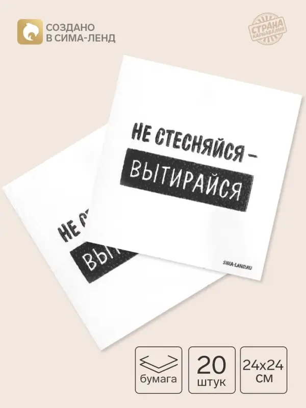 Салфетки бумажные однослойные &laquo;Не стесняйся-вытирайся&raquo;, 24&times;24 см, набор 20 шт.