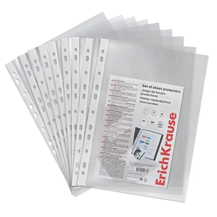 Файл - вкладыш ErichKrause Fizzy Clear, А4, 30 мкм, прозрачный, тиснение &laquo;апельсиновая корка&raquo;, вертикальный, вмещает до 50 листов, 100 штук