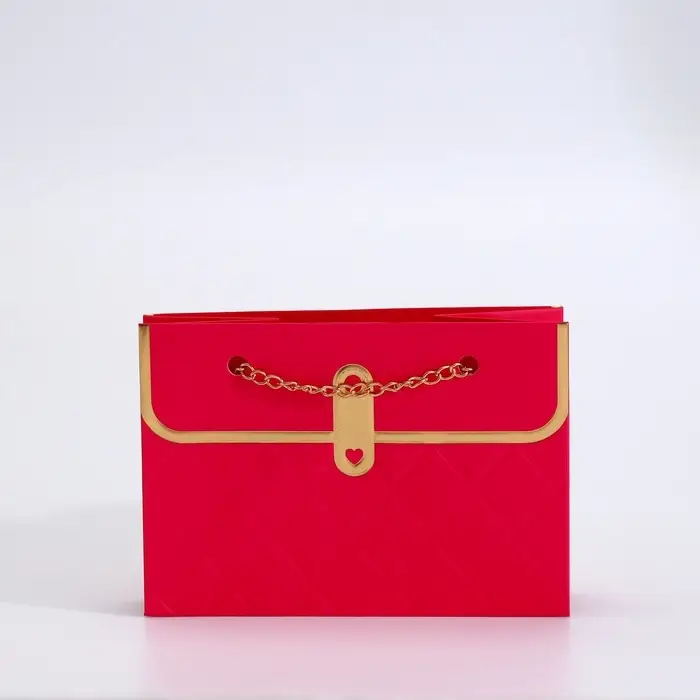 Пакет переноска для цветов, ручка цепь, &laquo;Малиновый&raquo;, с золотым тиснением, 15&times;10.5&times;10 см