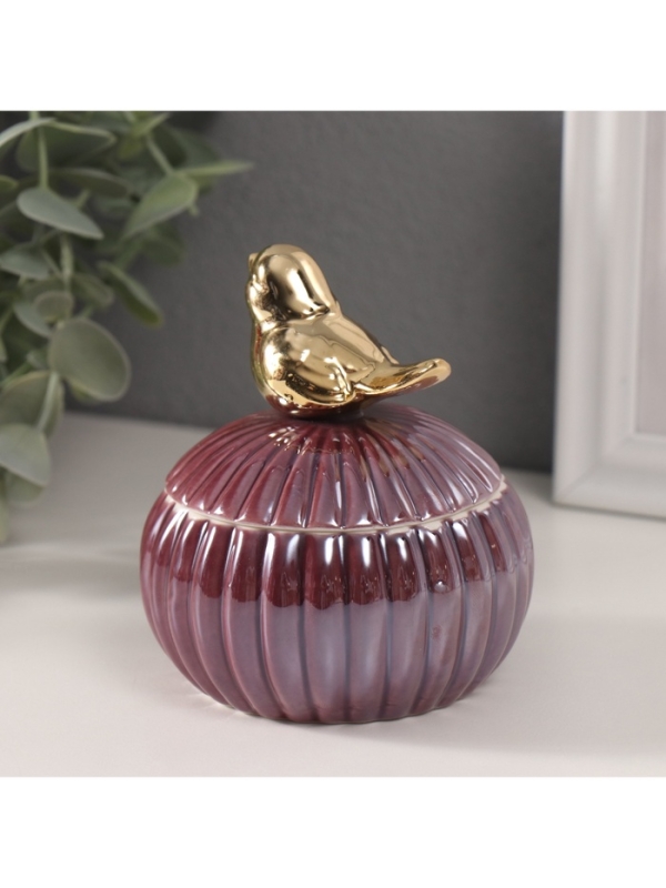 Шкатулка керамика "Пташка на пуфике" баклажановый перламутр 8,2х8,2х10 см