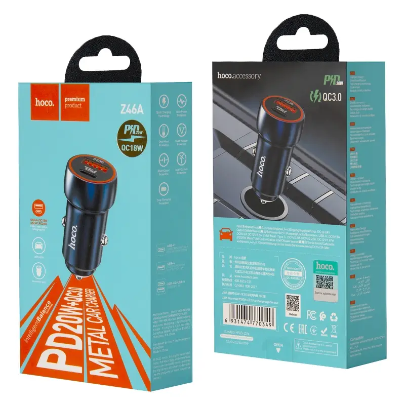 Переходник Z46А АЗУ на USB QC3.0 + Type-C PD20W HOCO синий Переходник Z46А АЗУ на USB QC3.0 + Type-C PD20W HOCO синий