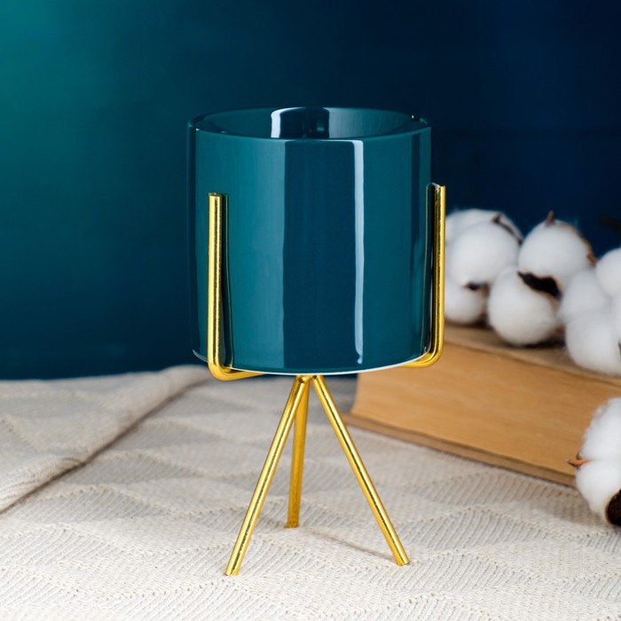 Кашпо  Кашпо "Цилиндр" зеленое, на золотой подставке, 15х8х8см