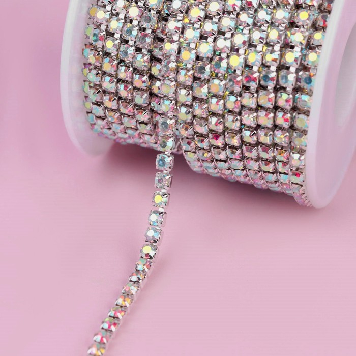 Цепь со стразами, с голографией, металл, стекло, 3,5 мм, 9 ± 1 м, цвет серебряный Цепь со стразами, с голографией, металл, стекло, 3,5 мм, 9 ± 1 м, цвет серебряный