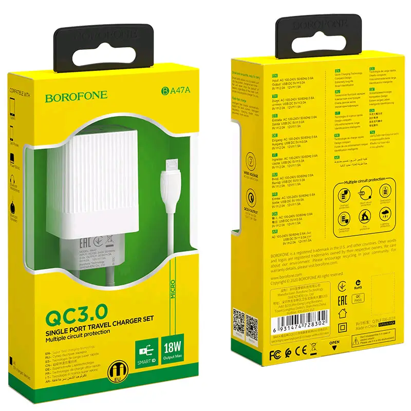 СЗУ BA47A USB на MicroUSB QC3.0 Borofone (EU) белый СЗУ BA47A USB на MicroUSB QC3.0 Borofone (EU) белый