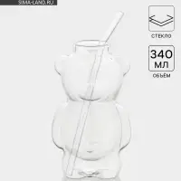 Стакан с трубочкой ToyBear, 340 мл, 9&times;14 см, стекло, прозрачный