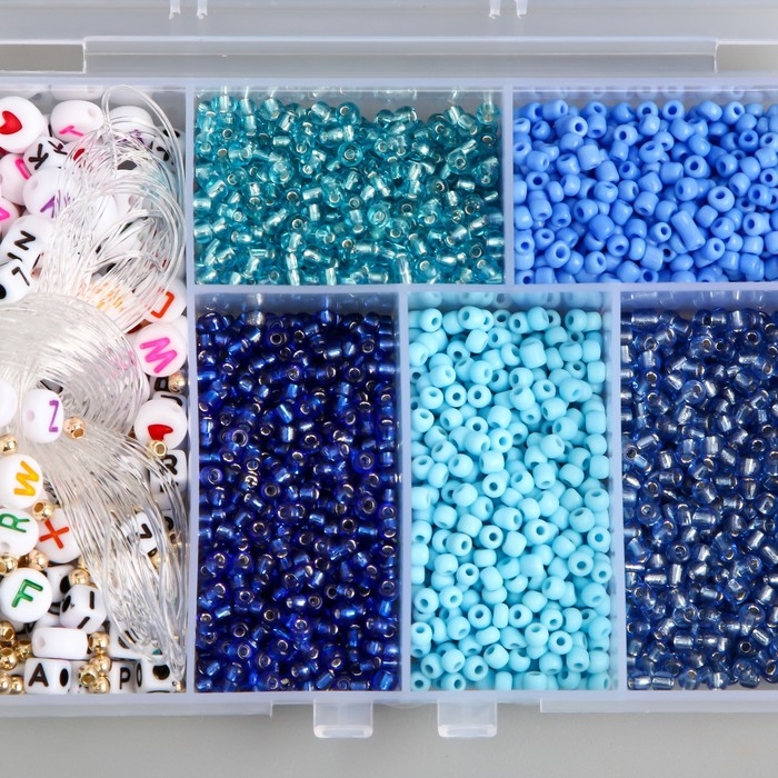Бисер стекло 8/0 в шкатулке  Бисер стекло 8/0 в шкатулке "Синий" бусины + нить 0,8 мм 5 м 12х8,4х2,2 см