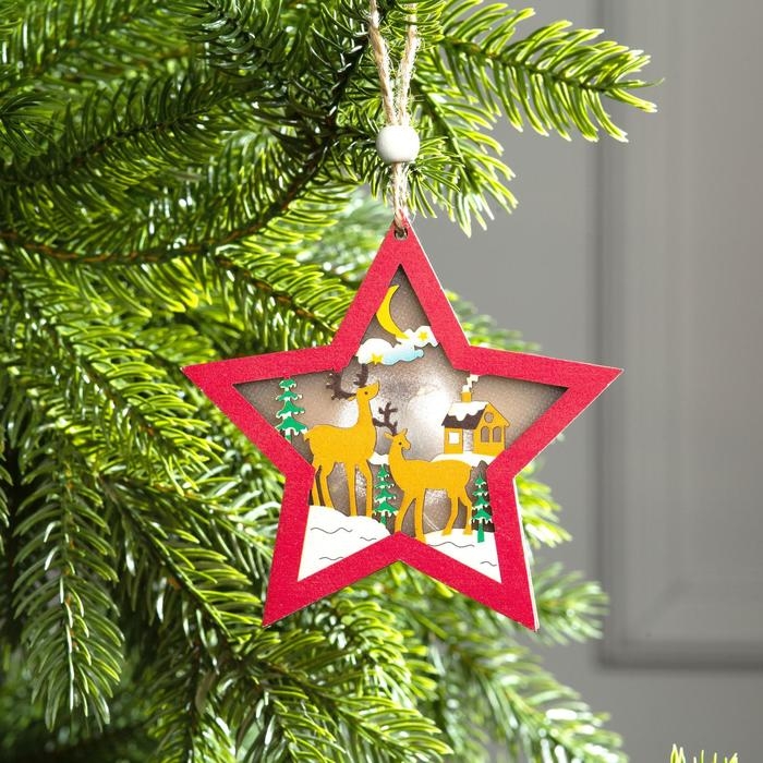 Ёлочная игрушка «Красная звезда с оленями», от батареек, свечение тёплое белое Ёлочная игрушка «Красная звезда с оленями», от батареек, свечение тёплое белое