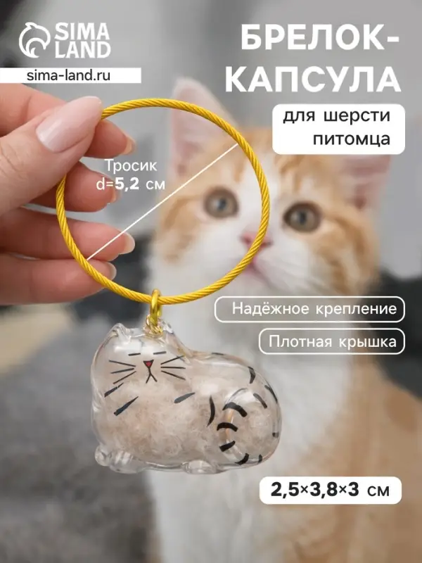Брелок - обвес для сумки для шерсти кошачьей на тросе для ключей, рюкзака &laquo;Полосатый котик спит&raquo;, капсула с секретом, трос d=5.2 см 2.5&times;3.8&times;3 см