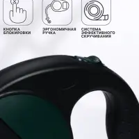 Рулетка - поводок для собак, лента 6 м, чёрная.зелёная