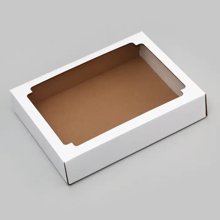 Коробка сборная без печати крышка-дно белая с окном, 31.3&times;24.6&times;6.2 см
