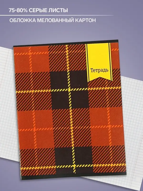 Тетрадь 48 листов в клетку Calligrata «Шотландка», обложка мелованный картон, блок №2, белизна 75% (серые листы), МИКС