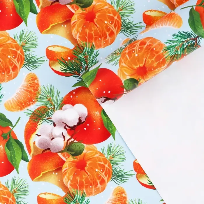 Упаковочная бумага на новый год «Мандарины», 70 х 100 см, глянцевая Упаковочная бумага на новый год «Мандарины», 70 х 100 см, глянцевая