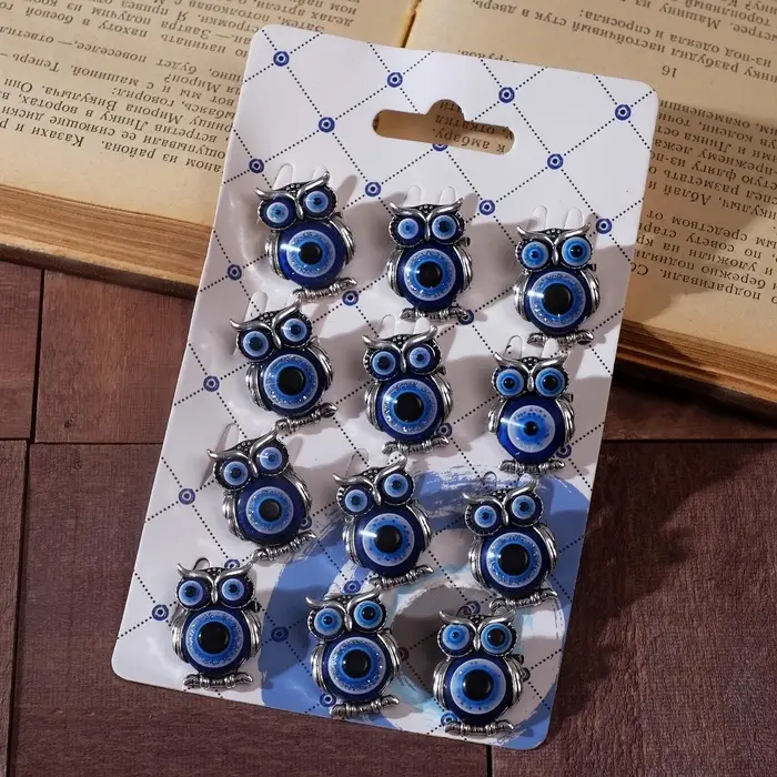 Брошь-оберег &laquo;Сова. Глаз Фатимы&raquo;, синяя в чернёном серебре