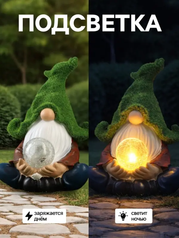 Садовая фигура - фонарь из полистоуна &laquo;Гном предсказатель&raquo;, 16&times;16&times;27 см, Greengo