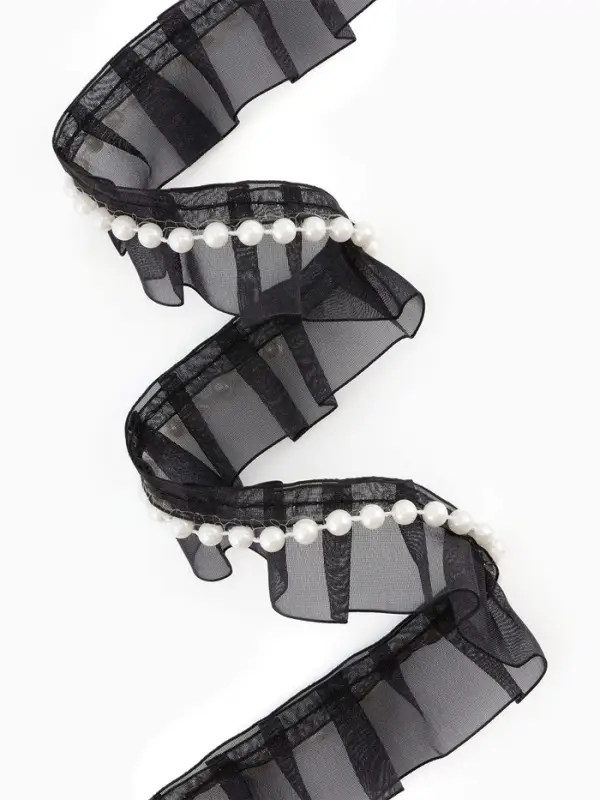 Рюш капроновый, с бусинами, 30 мм, 4.5&plusmn;0.5 м, чёрный/белый