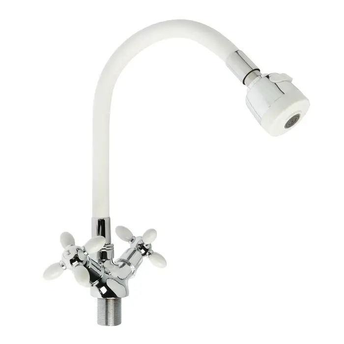 Смеситель для кухни ZEIN ZC2032, гибкий силиконовый излив,кран-букса латунь 1/2", белый/хром