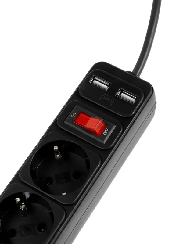 Сетевой фильтр TANGO, 5 гнезд с 2&times;USB, 1,8м, 10 А, 2200 Вт, с з/к, черный