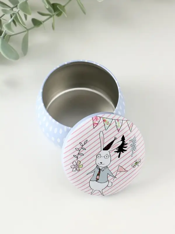 Шкатулка металл круглая "Нарисованные кролики" 7х7х5 см