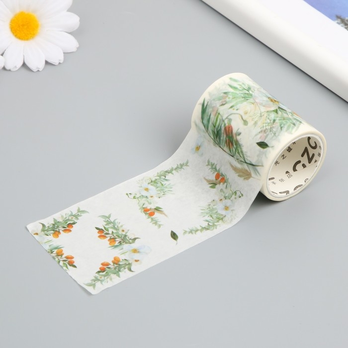 Клейкая лента бумага Клейкая лента бумага "Бело-оранжевые цветы" ширина 5,4 см намотка 3 м 5,4х3,8х3,8 см