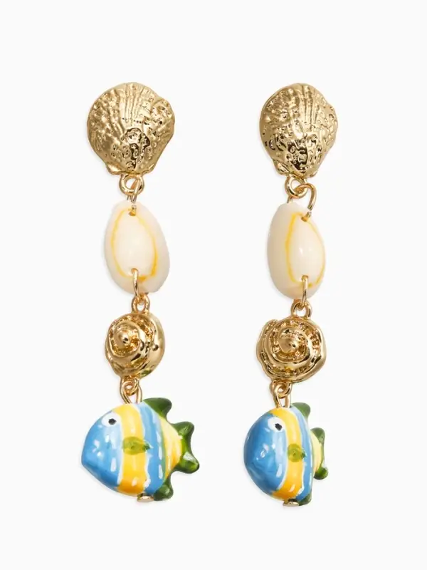 Серьги "Морской мир" рыбы с ракушками, цвет бело-зеленый в золоте