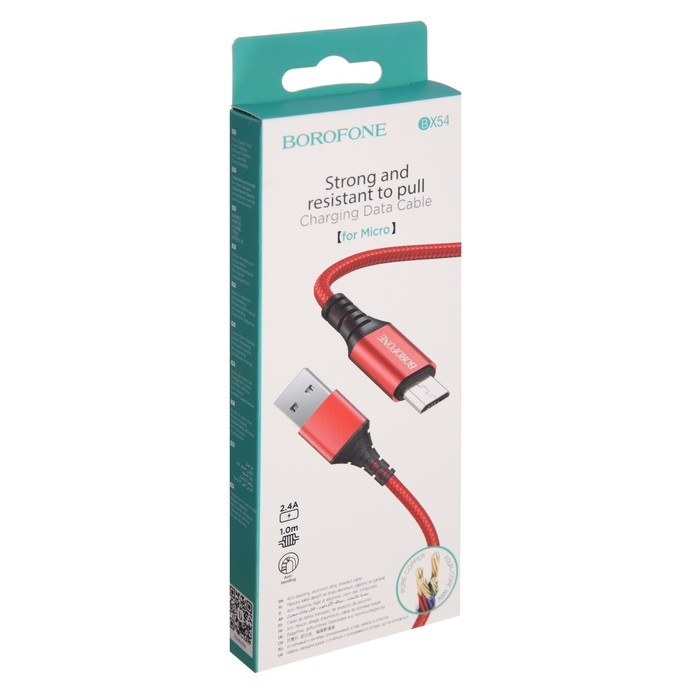 Кабель Borofone BX54, microUSB - USB, 2.4 А, 1 м, нейлоновая оплётка, красный Кабель Borofone BX54, microUSB - USB, 2.4 А, 1 м, нейлоновая оплётка, красный