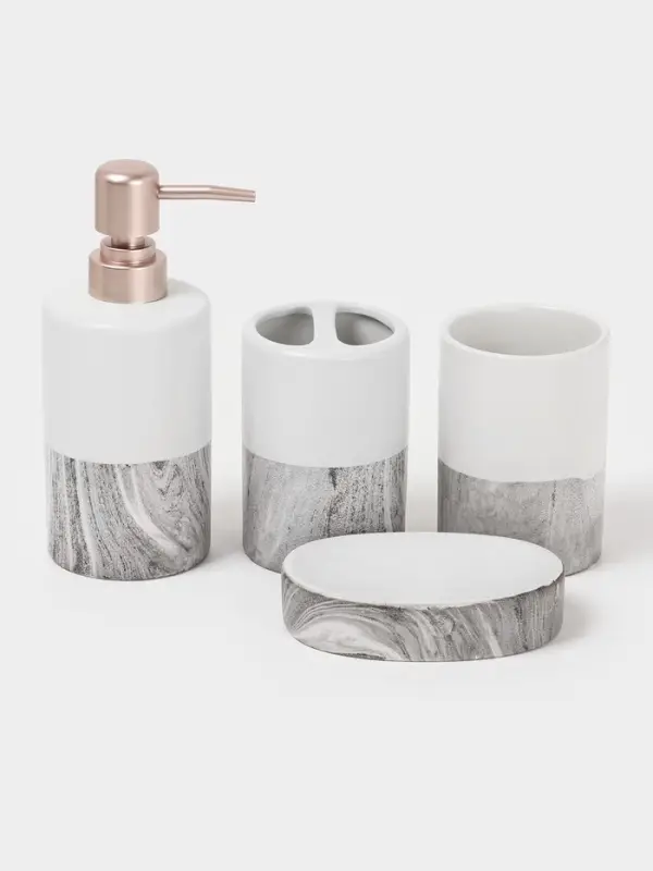 Аксессуары для ванной SAVANNA Stone gray, 4 предмета, дозатор для мыла 390 мл, 2 стакана, мыльница, белые