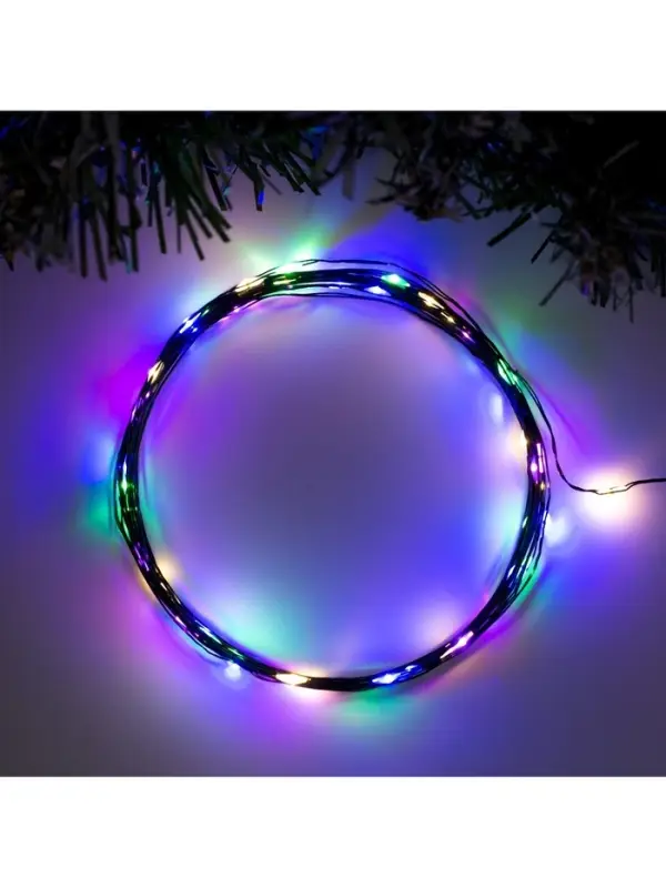 Гирлянда &laquo;Нить&raquo; 5 м, роса, IP20, зелёная нить, 50 LED, 2 режима, от батареек АА&times;3, свечение мульти