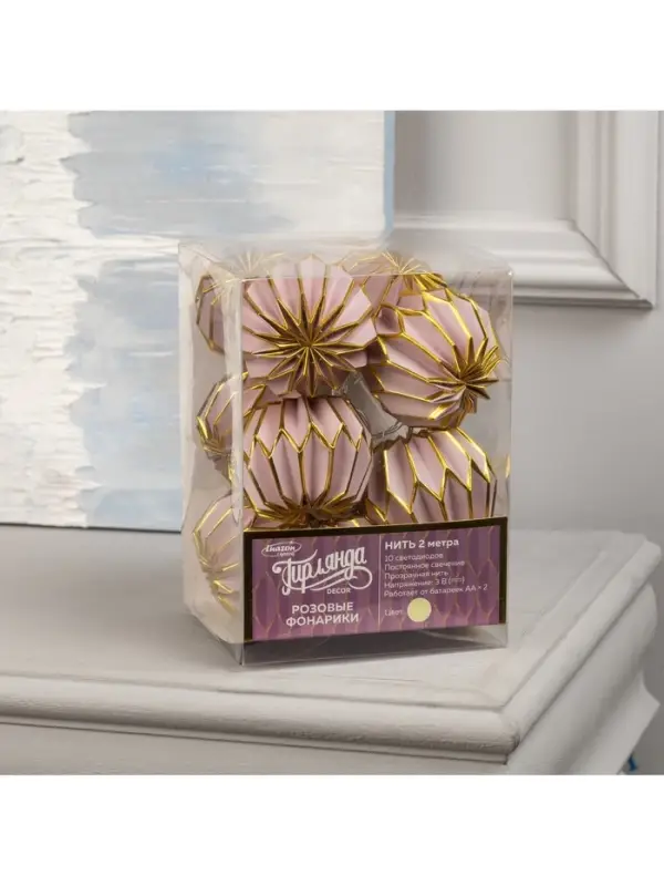 Гирлянда &laquo;Нить&raquo; 2 м с насадками &laquo;Розовый фонарик&raquo;, IP20, прозрачная нить, 10 LED, от батареек АА&times;2, свечение тёплое белое